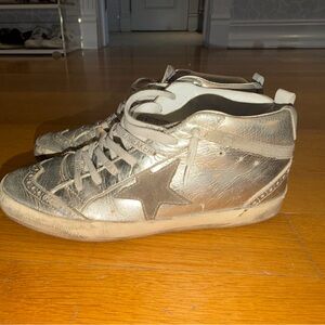 Golden Goose Metallic Silver and White Midstar Sneakers